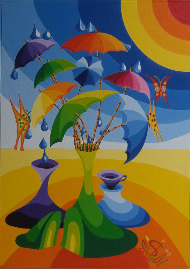 75-Vaso con ombrelli,farfalle e gocce